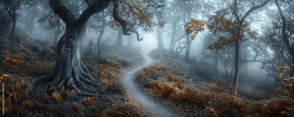 Poster mysterious fog idea. mysterious foggy forest with winding path and autumn foliage creates a tranquil