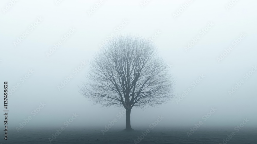 Poster Mysterious fog idea. A solitary tree stands tall in a dense fog, creating a serene and mysterious atmosphere.