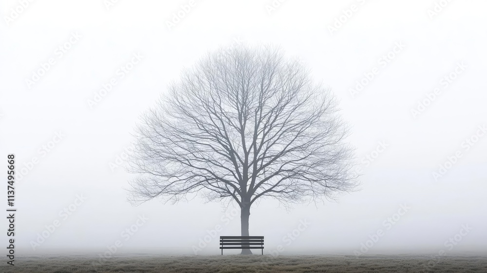 Poster Mysterious fog idea. A solitary tree in fog stands beside an empty bench, evoking tranquility and reflection.