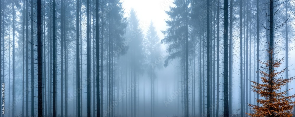 Poster mysterious fog idea. a serene forest scene shrouded in fog, showcasing tall trees and ethereal light