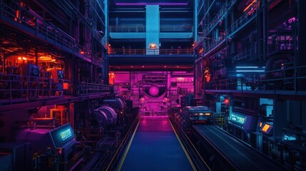 Futuristic industrial corridor with pipes and machinery.