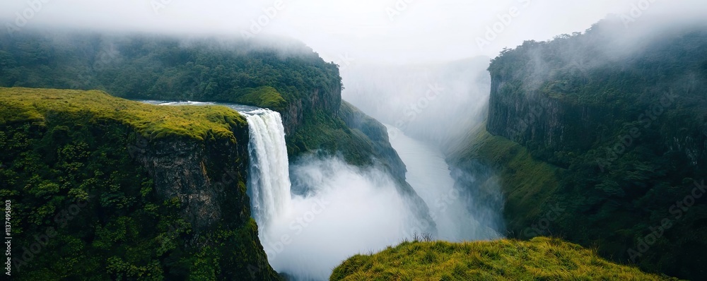 Poster mysterious fog idea. a breathtaking view of a majestic waterfall nestled between lush green cliffs.