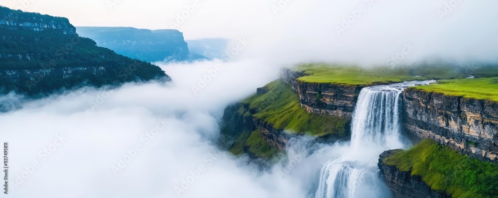 Poster mysterious fog idea. breathtaking waterfall cascading through misty mountains and lush green valleys