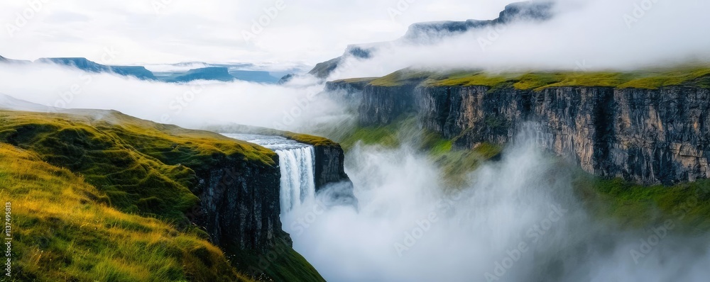 Poster mysterious fog idea. a stunning waterfall cascades down lush green cliffs, surrounded by misty, ethe