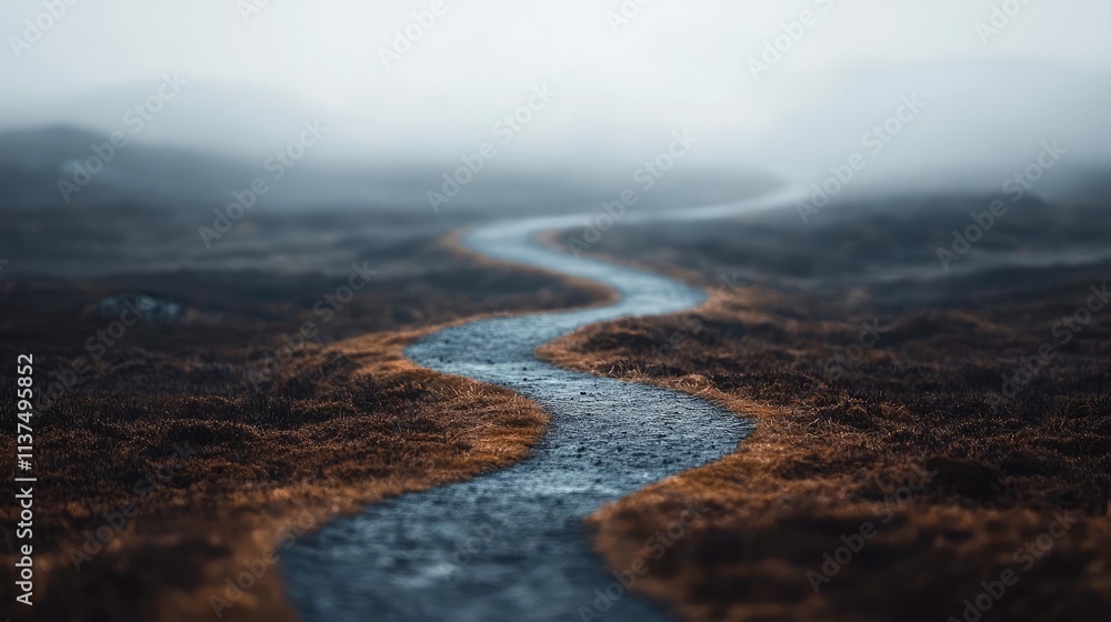 Aufkleber Mysterious fog idea. A winding path through misty terrain, evoking tranquility and exploration.