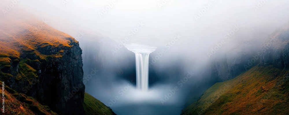 Poster mysterious fog idea. a stunning waterfall cascades through misty mountains, creating a breathtaking 
