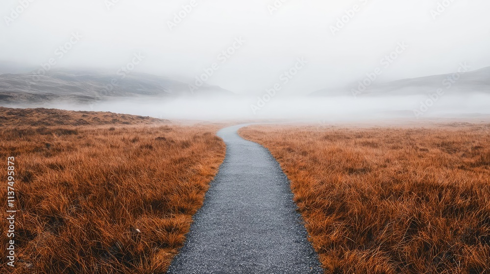 Poster mysterious fog idea. a winding path through golden grass and misty hills creates a serene landscape.