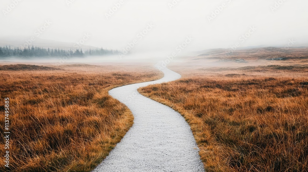 Poster mysterious fog idea. a serene winding path through misty fields under soft, diffused light.