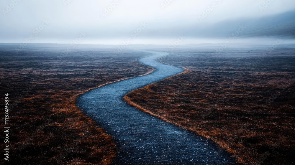 Poster Mysterious fog idea. A winding path through a foggy, serene landscape inviting exploration and tranquility.