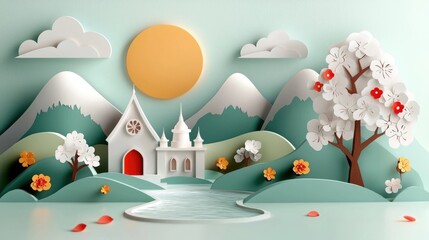 Enchanting Papercraft Landscape with Mountain Peaks Whimsical Castle and Blooming Flowers  This intricate and colorful paper art scene captures a dreamlike