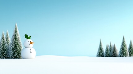 Obraz premium A cheerful snowman stands in a snowy landscape with evergreen trees.
