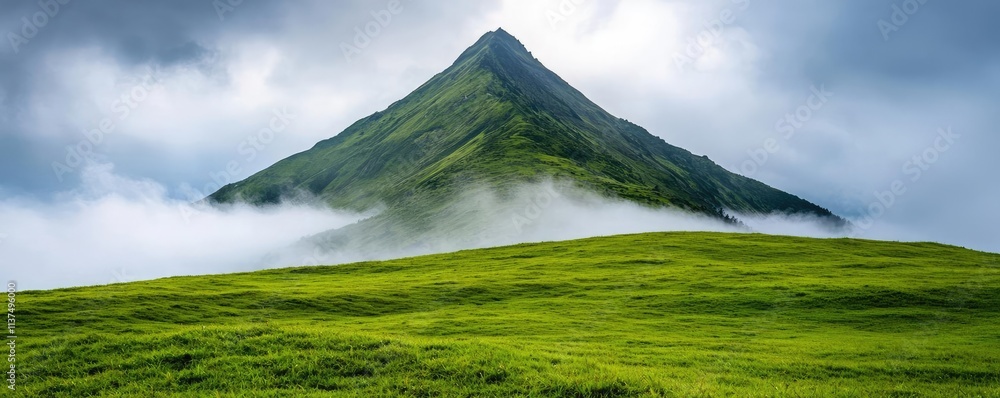 Poster mysterious fog idea. a breathtaking view of a mountainous landscape shrouded in mist and lush greene