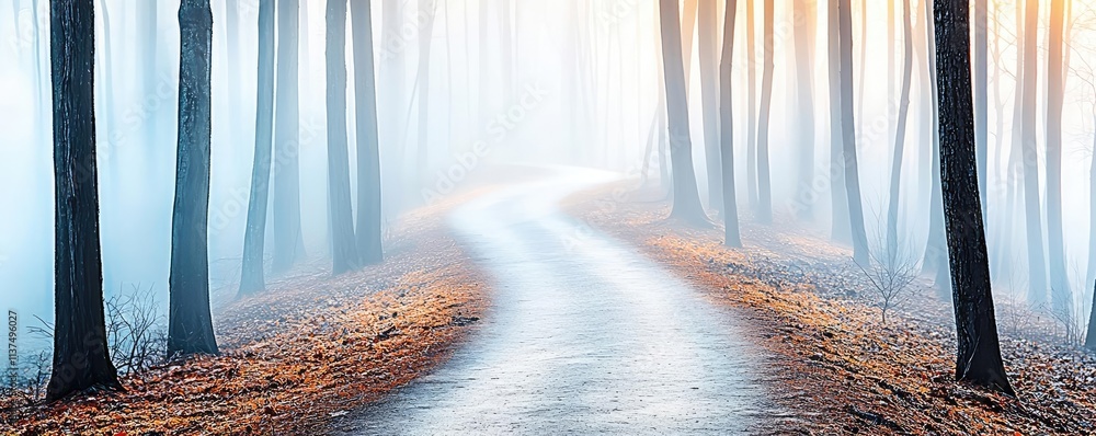 Poster Mysterious fog idea. A serene winding path through a tranquil foggy forest with autumn leaves.