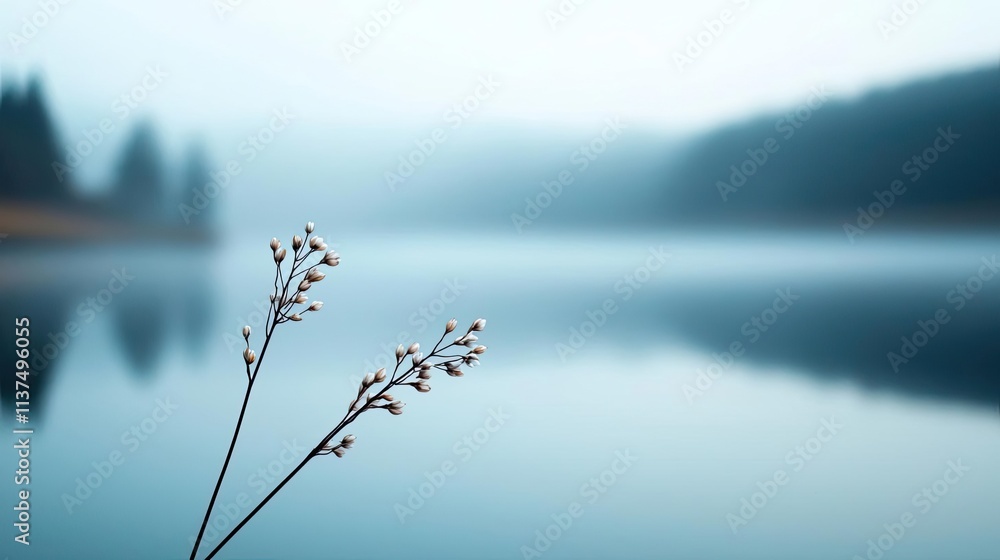 Aufkleber mysterious fog idea. a serene landscape featuring a calm lake and delicate plants in the foreground.