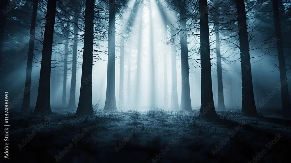 Aufkleber Mysterious fog idea. Mysterious forest with rays of light penetrating through tall, dark trees and fog.