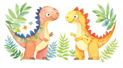 Fototapeta premium Two cheerful dinosaur characters surrounded by lush plants, ideal for children's illustrations or playful designs.