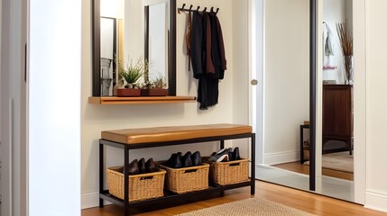 An entryway with a minimalist shoe rack, a full-length mirror, and a bench with storage baskets beneath it.