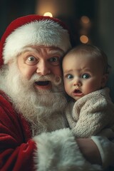 Obraz premium Joyful yule, Ñute child boy joyful with santa claus. Christmas digital ads concept graphic for advertisement and social platforms use. Holiday season graphics. Santa claus happy lap.