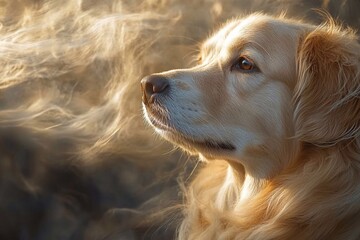 A thoughtful dog sitting against a background of nature.