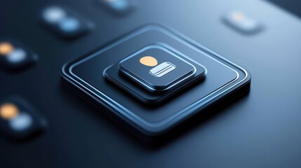 Illuminated black square button, a modern tech interface element for seamless control and user experience