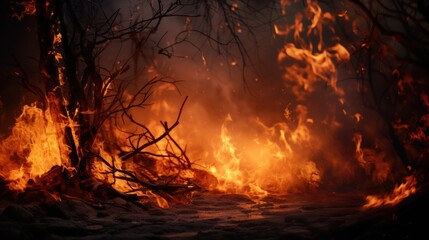 Burning dry grass in the forest at night. Natural disaster concept