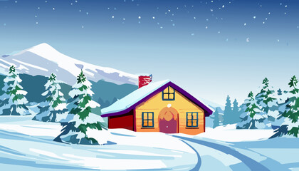 Winter landscape with house in the mountains. Vector illustration.