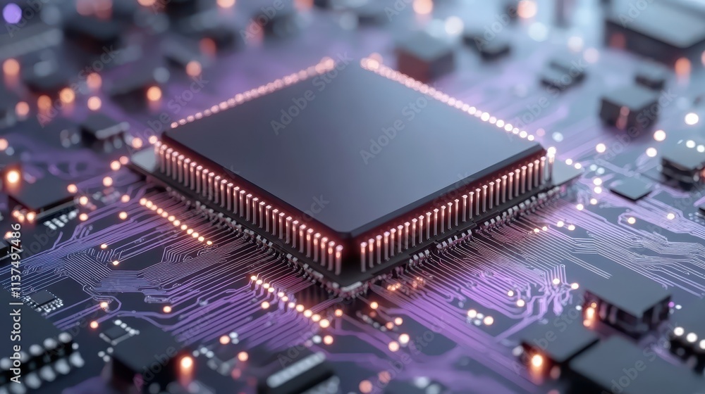 Poster closeup of cpu chip on computer circuit board, a detailed look at modern processing power