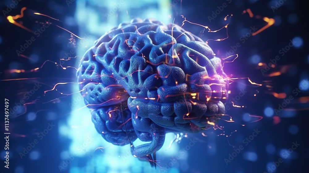 Poster digital brain shaped with blue neural connection