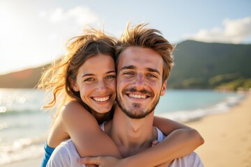 Happy Couple Embracing on Beach at Sunset - Perfect for Romantic Greetings, Love Cards, and Wall Art