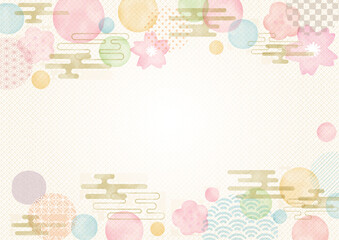 手描き　お正月 年賀状 水彩　梅と桜と水玉と和柄の背景イラスト