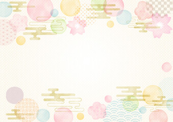 手描き　お正月 年賀状 水彩　梅と桜と水玉と和柄の背景イラスト