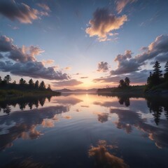 Peaceful and serene evening sky reflected in a calm body of water, calm, nature, lake