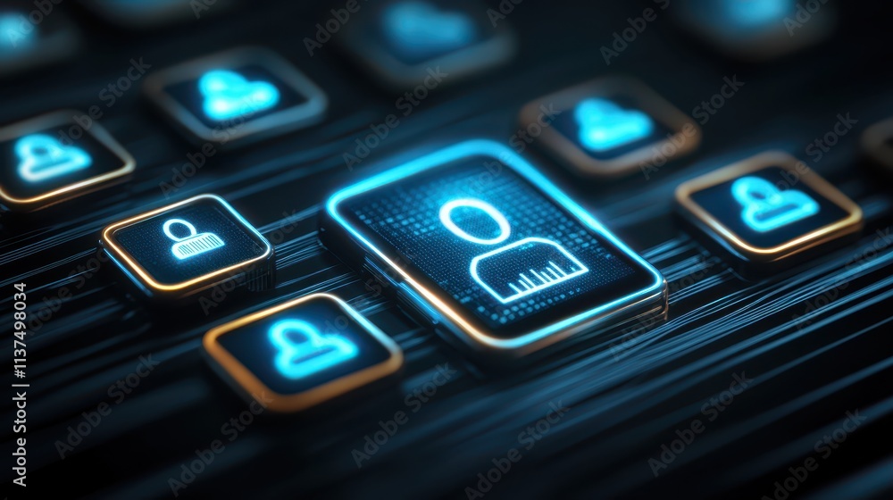 Poster illuminated keyboard, glowing blue icon on keyboard keys symbolizing modern technology and communica