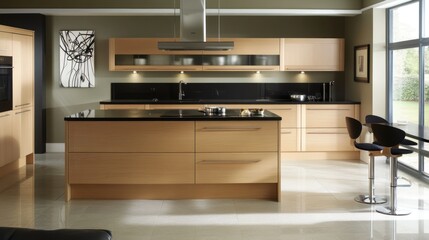 Obraz premium Modern kitchen with sleek cabinetry and a black countertop, designed for cooking and dining.