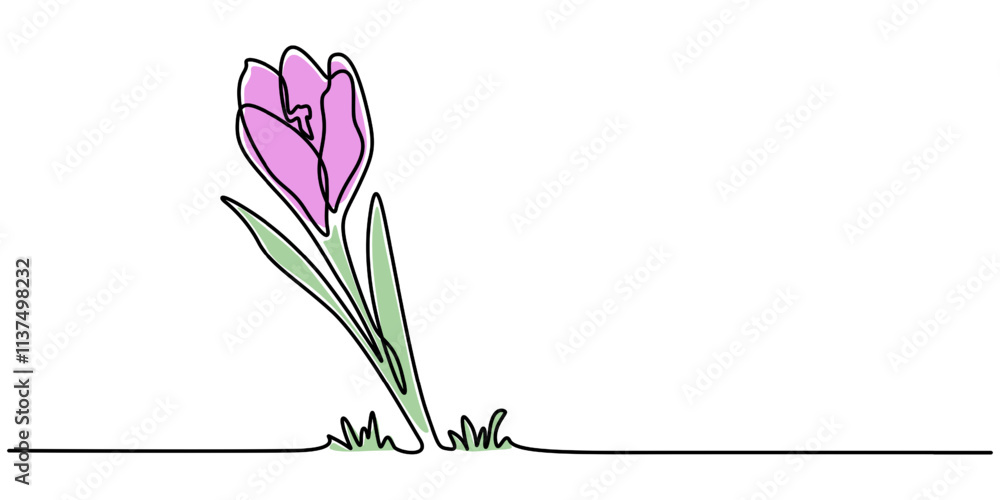 Poster spring crocus flower in continuous line art drawing style. minimalist black linear sketch on white b