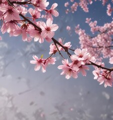 Obraz premium Pink cherry blossom petals drifting gently in the breeze, Serene, Seasonal changes