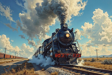 Obraz premium A steam powered locomotive train with passenger carriages speeding thru the countryside on the rail network, transporting commuters to their destination. Graphic illustration railway industry concept.