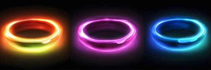 Abstract glowing rings of light in rainbow colors, overlapping dynamically against a dark void.