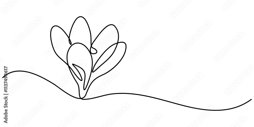 Poster spring crocus flower in continuous line art drawing style. minimalist black linear sketch on white b