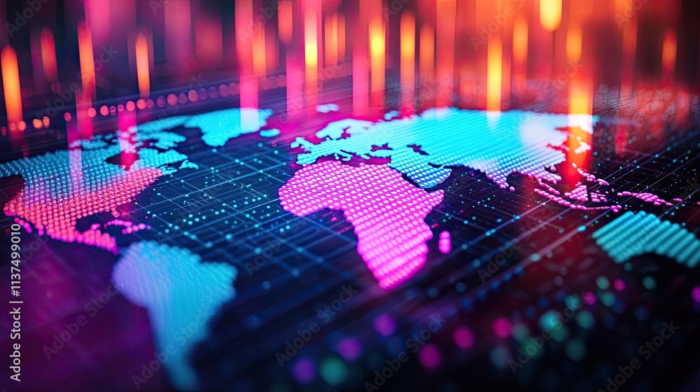 Poster Weather forecast idea. A vibrant digital representation of a world map with colorful data visualization.