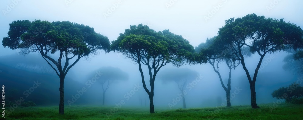 Poster mysterious fog idea. misty landscape featuring silhouette of trees in a serene environment.