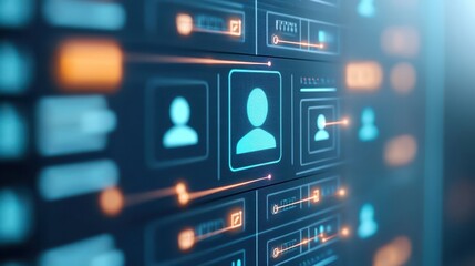 Obraz premium Abstract digital art, blue face on computer screen, exploring technology and modern