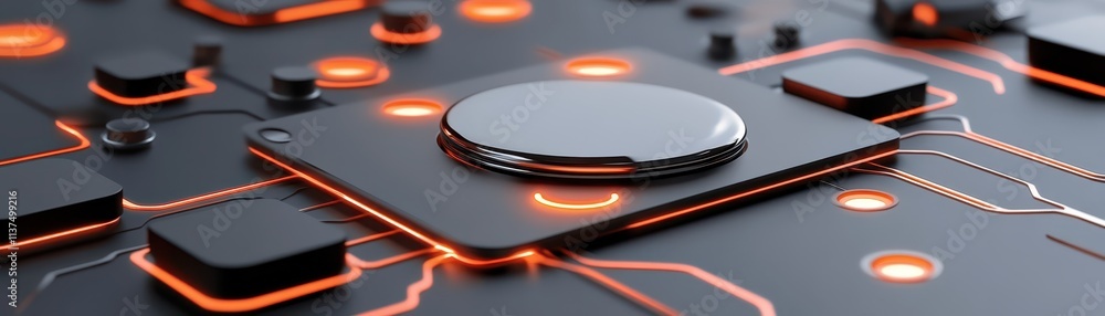 Poster black and orange computer processor with glowing lights, hightech circuitry closeup
