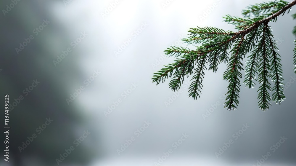 Poster mysterious fog idea. close-up of a pine branch amidst a misty forest, evoking tranquility and nature