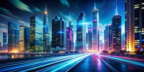 Futuristic Cityscape Night Photography: Glowing Roads, Skyscrapers, Digital Data Interfaces