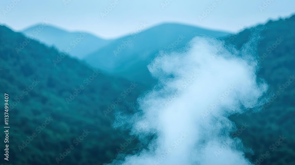 Poster Mysterious fog idea. Mist rises softly over a lush green hillside, creating a serene and tranquil atmosphere.