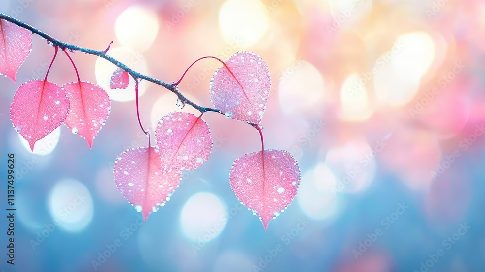 Poster mysterious fog idea. delicate pink leaves adorned with droplets glimmer softly in a dreamy backgroun