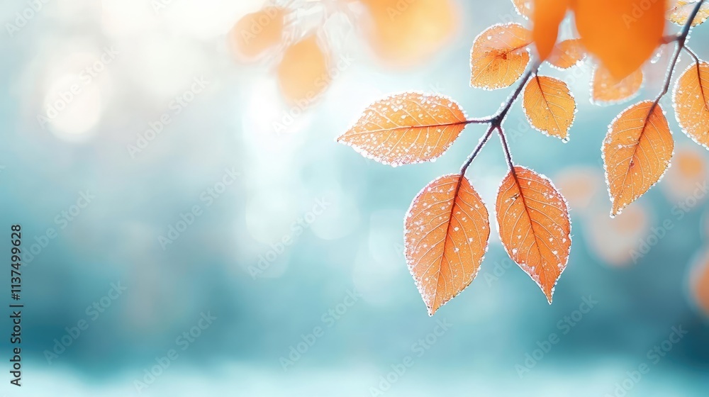 Poster mysterious fog idea. close-up of dew-covered orange leaves in a soft focus background, showcasing au