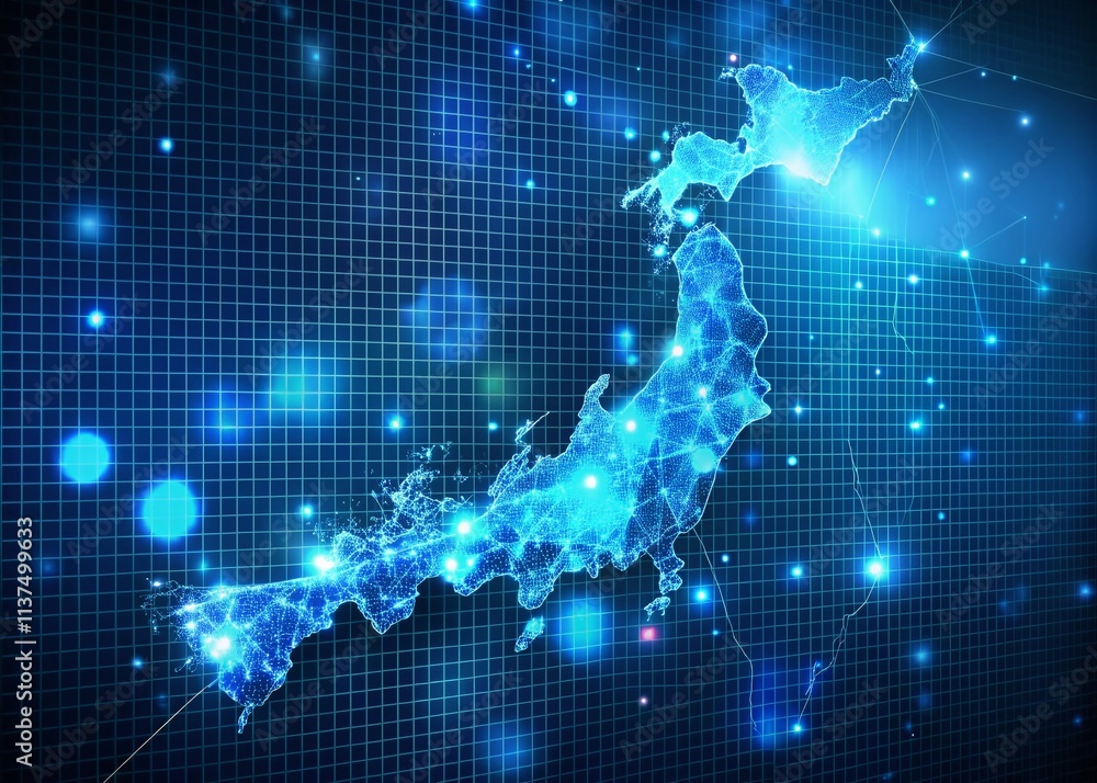 Poster futuristic digital technology map of japan with colorful shiny hud dots and numeric particles in a m