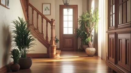 Fototapeta premium Hallway with wooden stairs and plants.